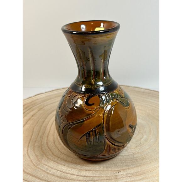 Studio Pottery Vase Carved Etched Glazed Brown Green Black 6" Italy Tuscan Fall - Picture 4 of 9